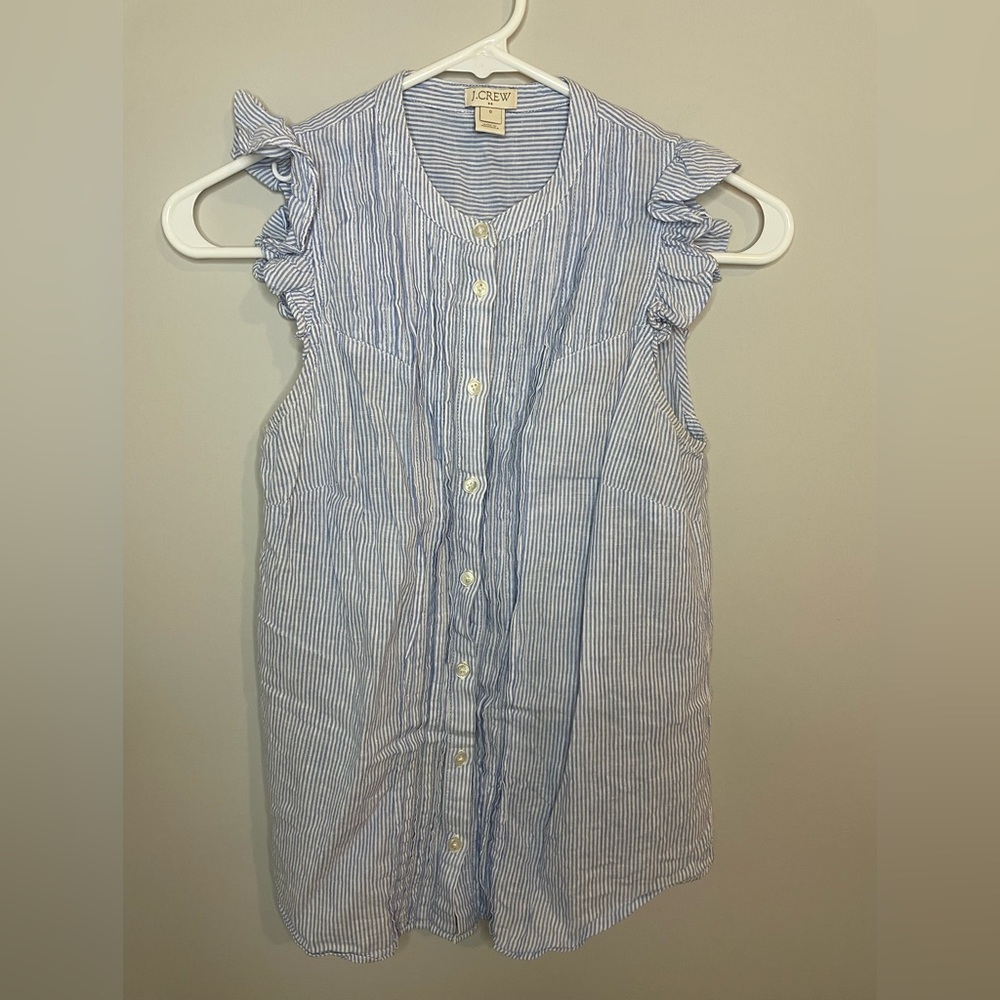 J. Crew Factory Blue and White Striped Ruffle Sleeve Top